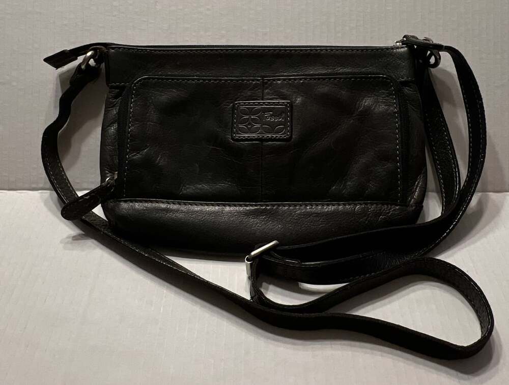 Fossil Black Leather Organizer Flap Snap Zip Crossbody Bag